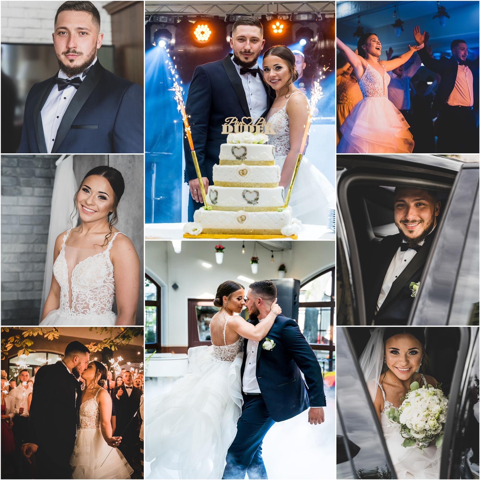 Kolaż zdjęć z uroczystości ślubnej: portrety pary młodej, tort weselny z fontannami iskier, taniec i wyjazd samochodem.
