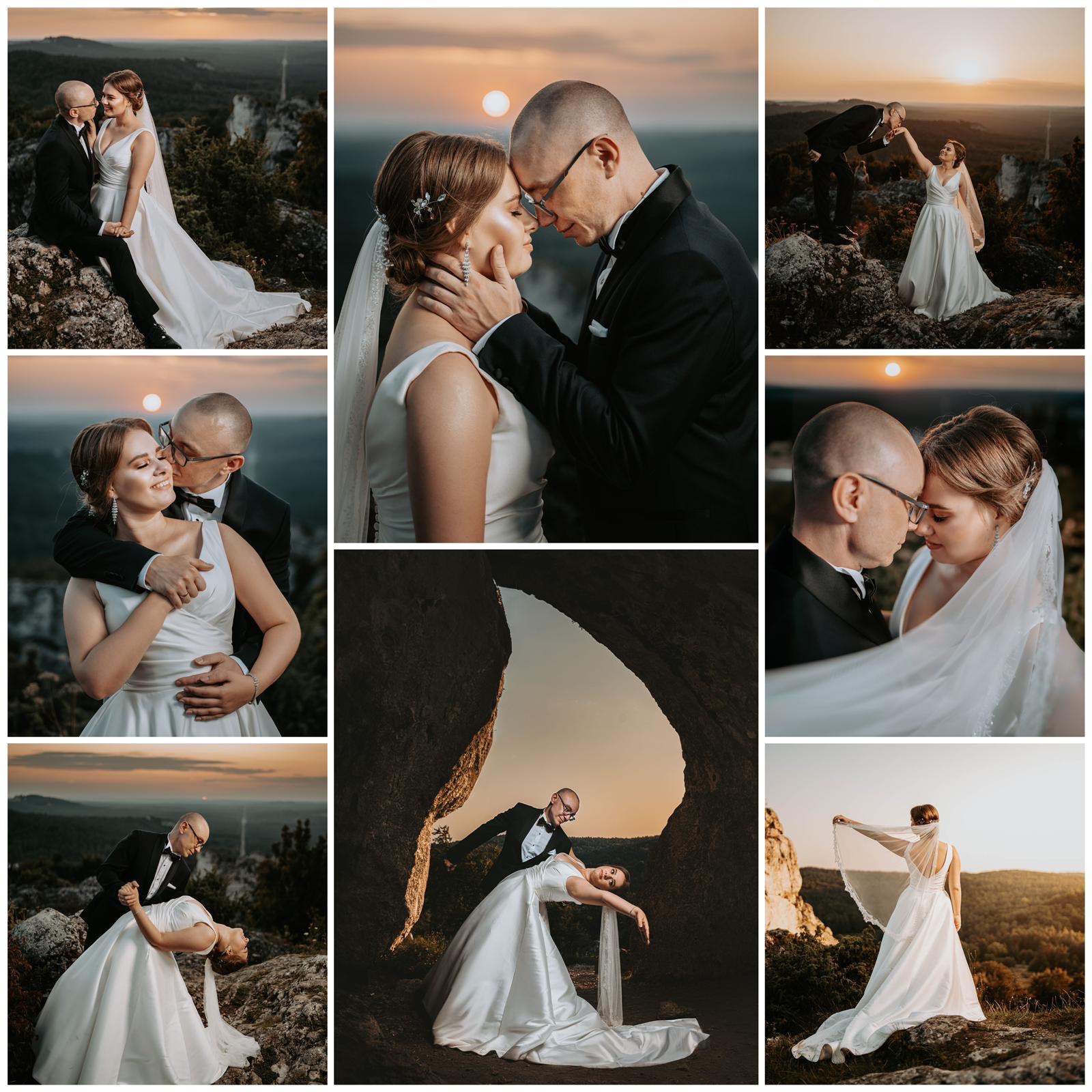 Kolaż zdjęć pary młodej w eleganckich strojach ślubnych na tle skalnych formacji i zachodzącego słońca, z ujęciami obejmującymi zbliżenia na twarze, całe postacie w różnych pozach oraz detale...