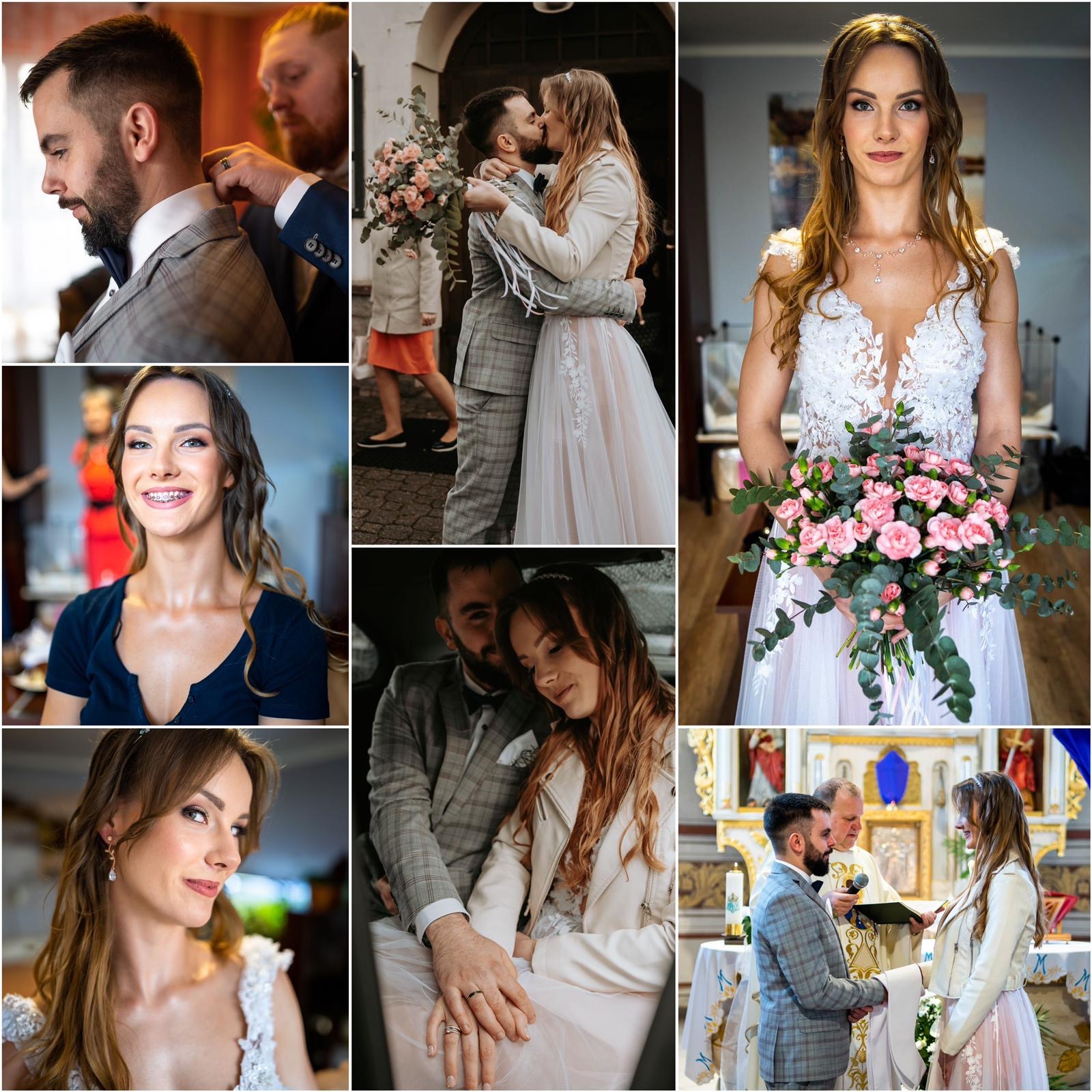 Kolaż z kilku ujęć pary młodej: przygotowania pana młodego, pocałunek przed budynkiem, portret panny młodej z bukietem różowych kwiatów, zbliżenie uśmiechniętej panny młodej z aparatem...