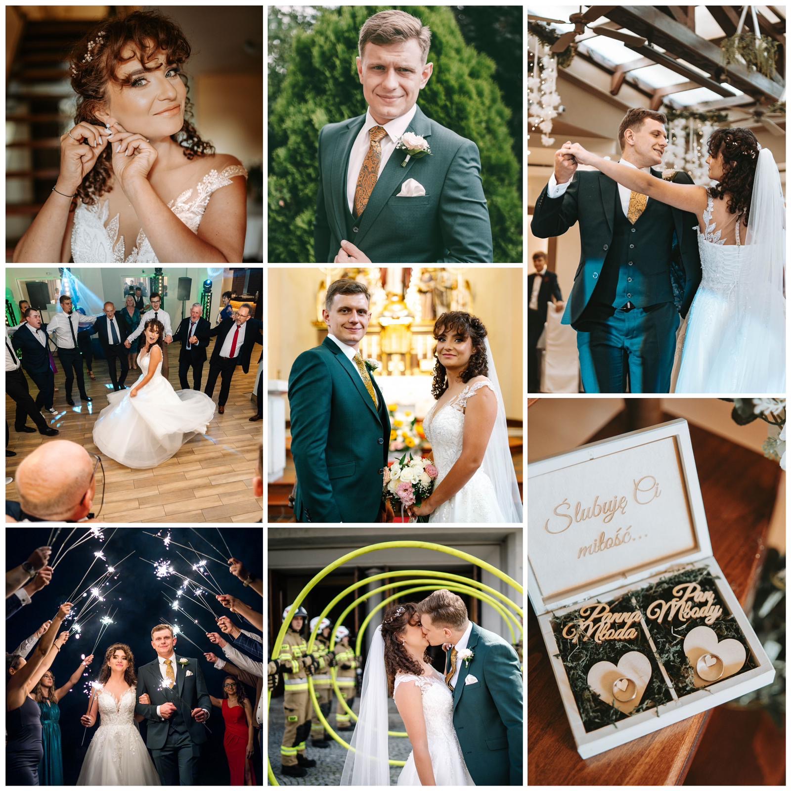 Kolaż zdjęć z uroczystości ślubnej: panna młoda poprawiająca kolczyk, portret pana młodego, pierwszy taniec, goście na parkiecie, para młoda w kościele, odpalone zimne ognie, pocałunek pary młodej...