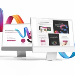 Dwa monitory prezentujące interfejsy stron internetowych z kolorowymi, abstrakcyjnymi elementami graficznymi w tle, wyświetlające przykładowe usługi: strony internetowe, branding, hosting...