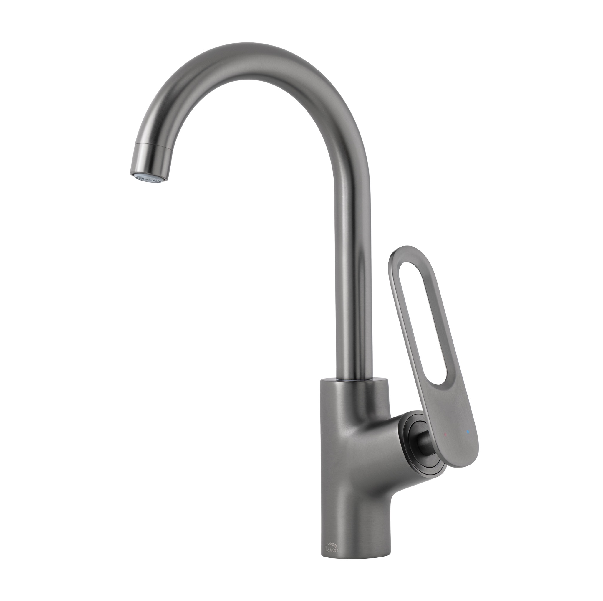 Stylowa, matowa bateria kuchenna w kolorze grafitowym, z charakterystycznym uchwytem z otworem, na białym tle. Minimalistyczny design, widoczne oznaczenia ciepłej i zimnej wody.