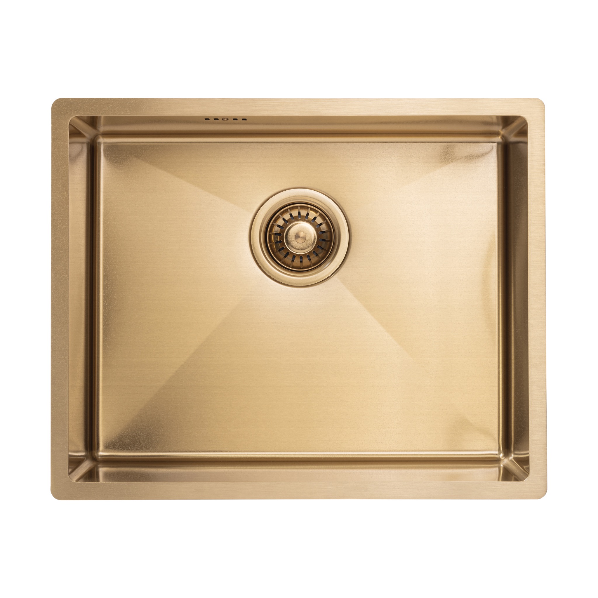Złoty, prostokątny zlew kuchenny ze stali nierdzewnej, widziany z góry, z centralnie umieszczonym odpływem. Minimalistyczny design, ciepłe oświetlenie.