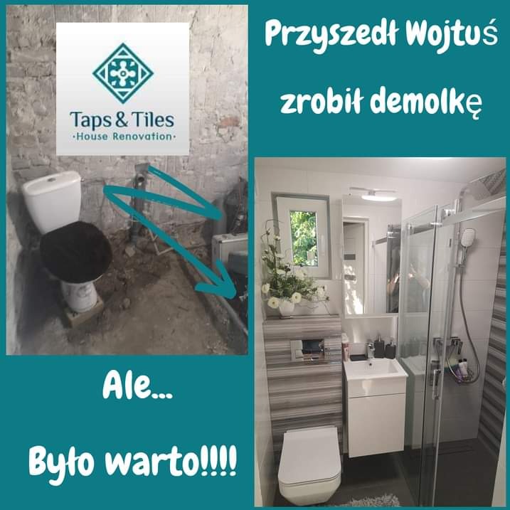 Porównanie stanu łazienki przed i po remoncie: surowa ściana, stary sedes kontra nowoczesna kabina prysznicowa, umywalka z szafką i kwiaty.