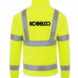 RIPOSTE Seweryn Luboń - Jaskrawożółta bluza polarowa z odblaskowymi pasami i czarnym logo 'KOBELCO' na plecach, widok z tyłu na białym tle.