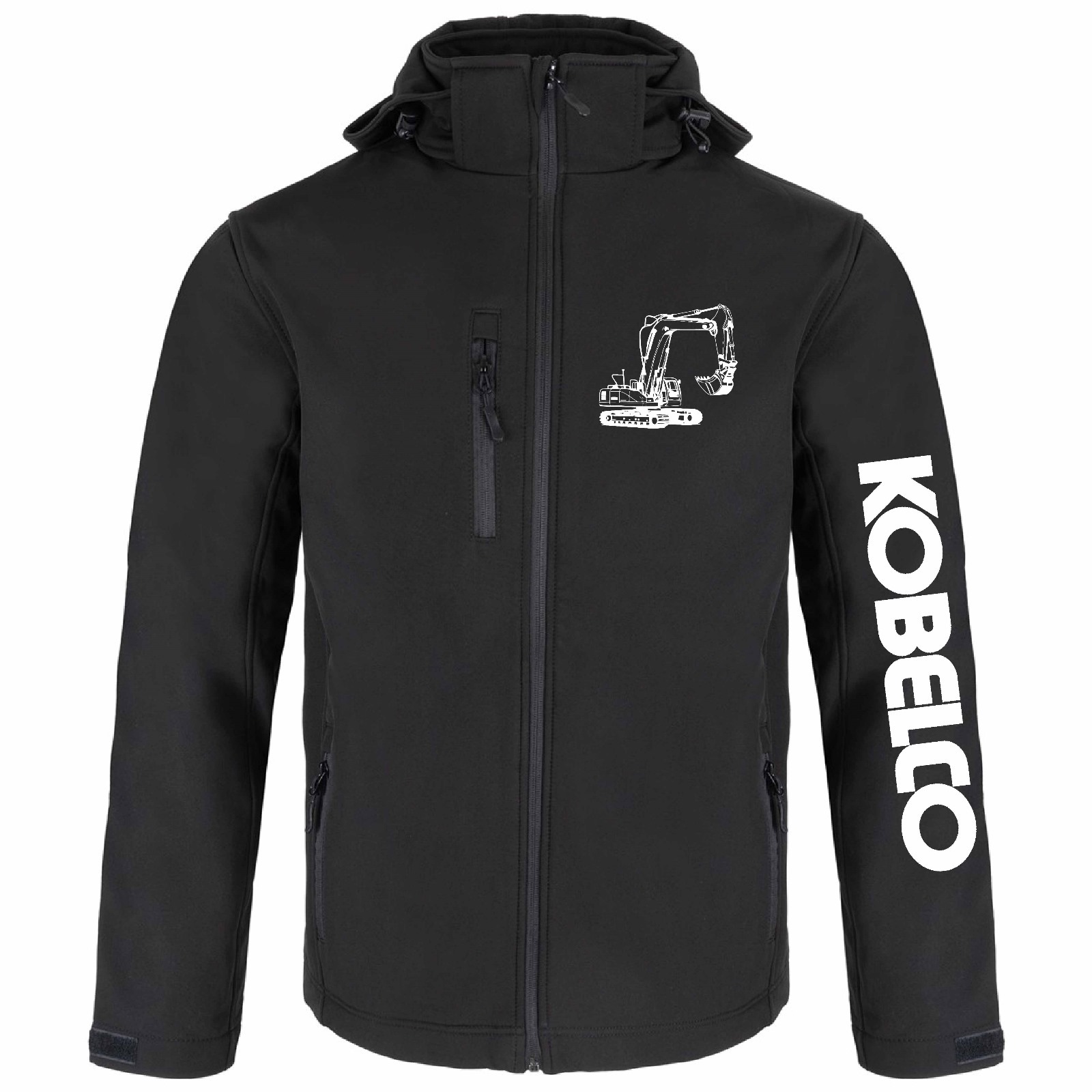 Czarna kurtka softshell z białym nadrukiem koparki i logo Kobelco na rękawie.