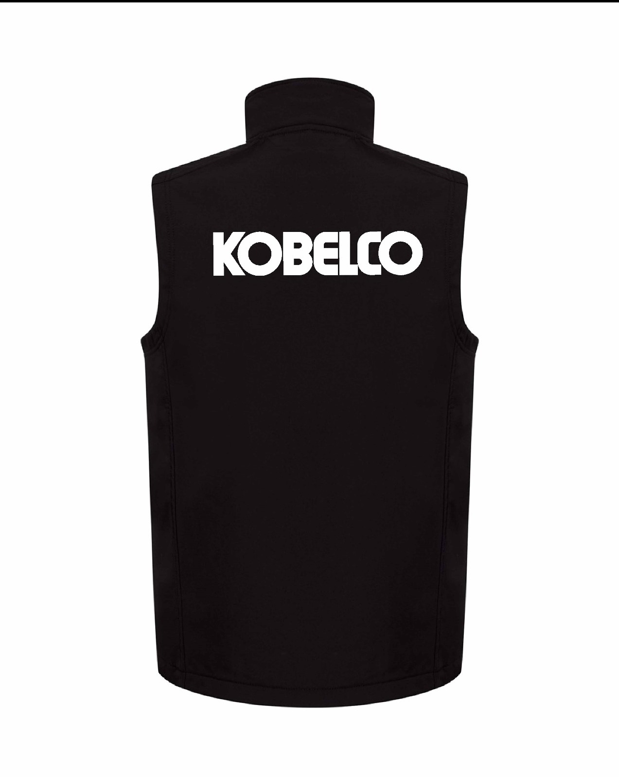 Czarna kamizelka robocza z białym nadrukiem 'KOBELCO' na plecach, widok z tyłu, na białym tle.