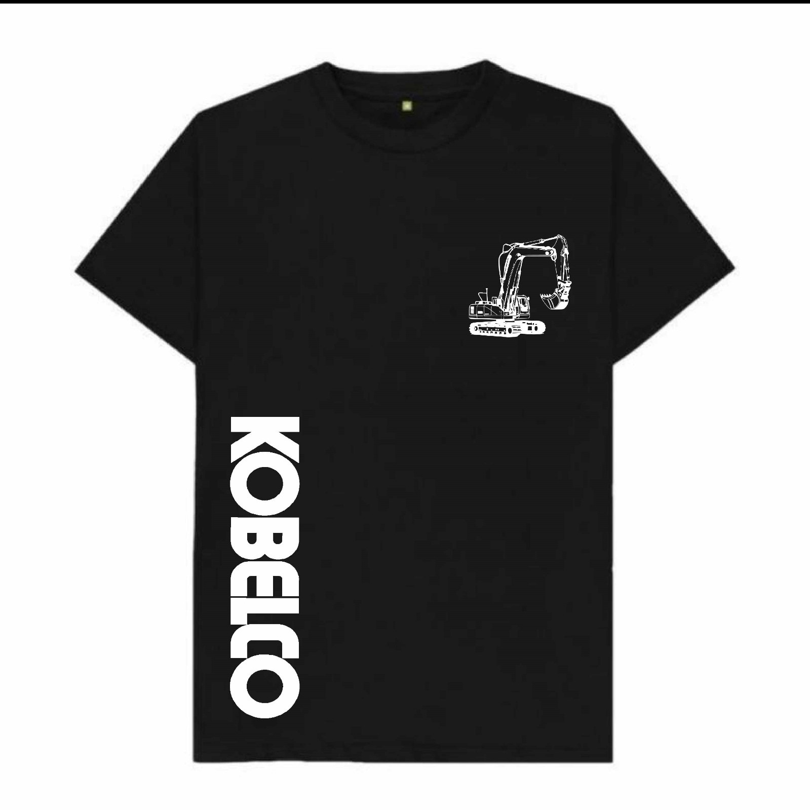 Czarna koszulka z białym nadrukiem koparki i pionowym napisem 'KOBELCO', prezentowana przez firmę z Zaczarnia.