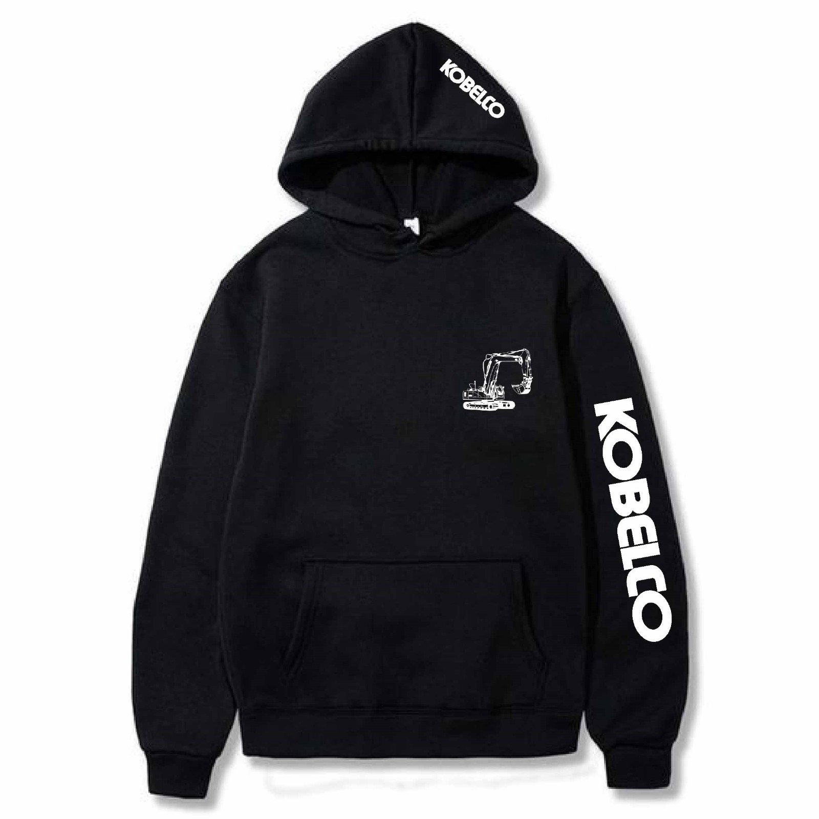 Czarna bluza z kapturem, z nadrukiem białego logo firmy Kobelco na kapturze i rękawie oraz małym rysunkiem koparki na piersi.