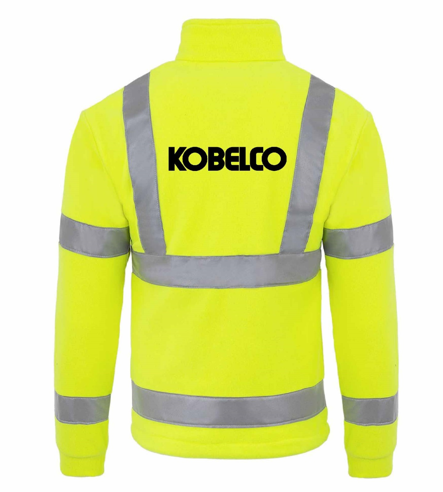 Jaskrawożółta bluza polarowa z odblaskowymi pasami i czarnym logo 'KOBELCO' na plecach, widok z tyłu na białym tle.