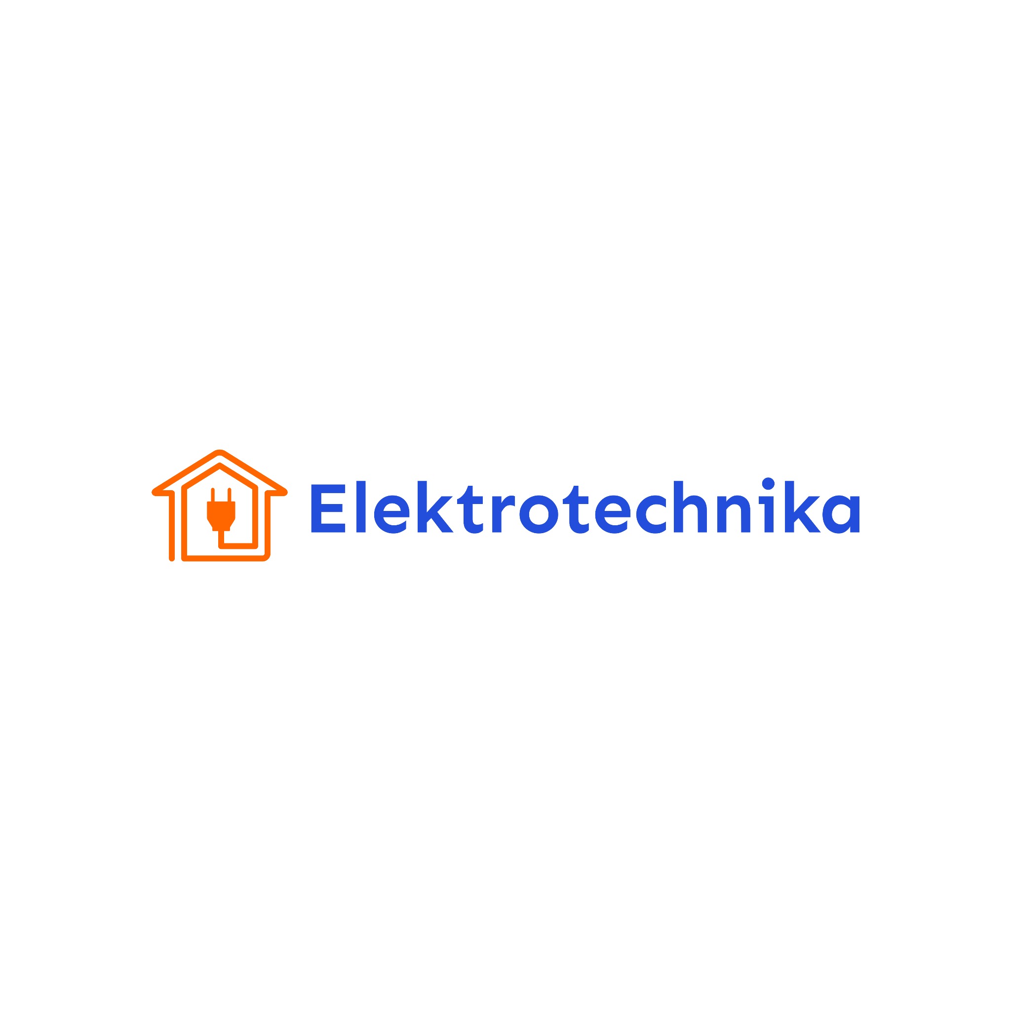 Logo firmy z branży elektrycznej przedstawiające obrys domu z wtyczką w środku, obok nazwa 'Elektrotechnika' w kolorze niebieskim.