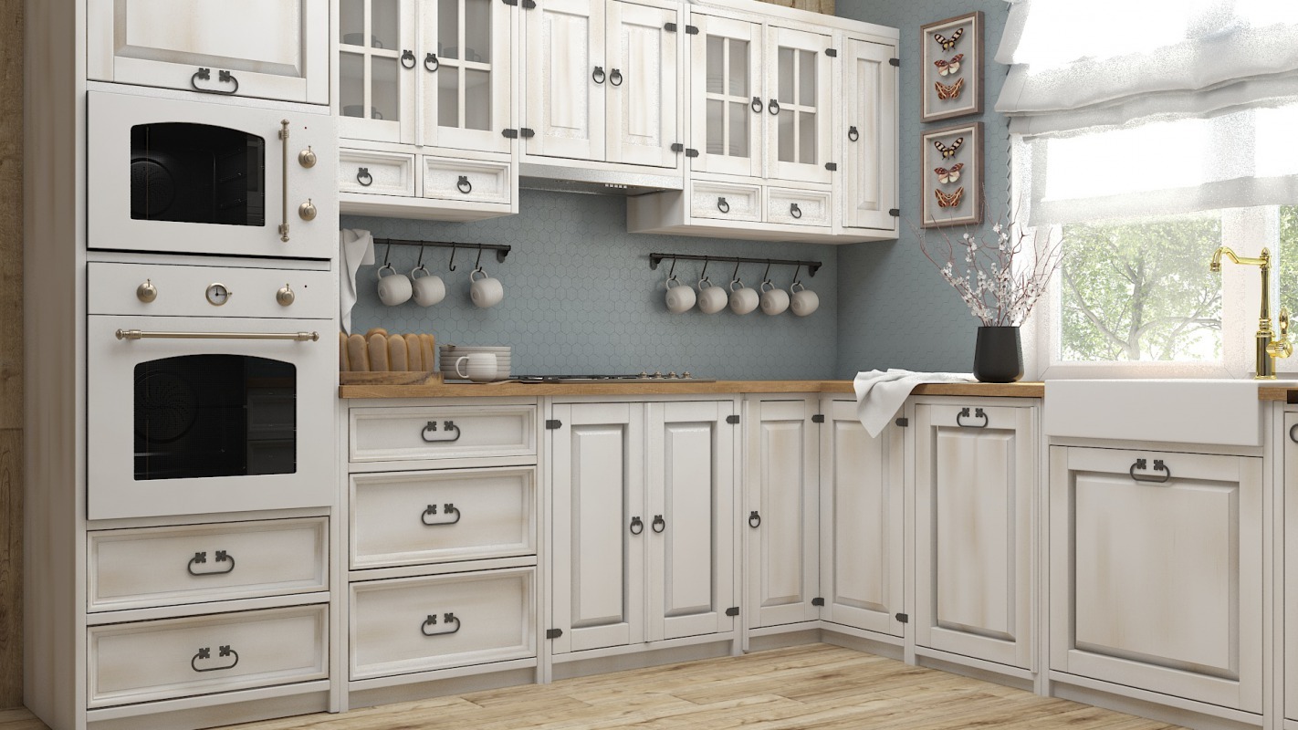 Jasna kuchnia w stylu rustykalnym z białymi szafkami z ciemnymi uchwytami, piekarnikiem w zabudowie i widokiem na okno z dekoracjami.