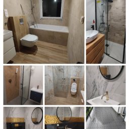 AXVI Usługi Ogólnoremontowe Julia Tubiak - Kafelkowana łazienka z wanną, kabiną prysznicową, umywalką i toaletą w różnych stylach i kolorach, prezentująca wykończenie po remoncie.