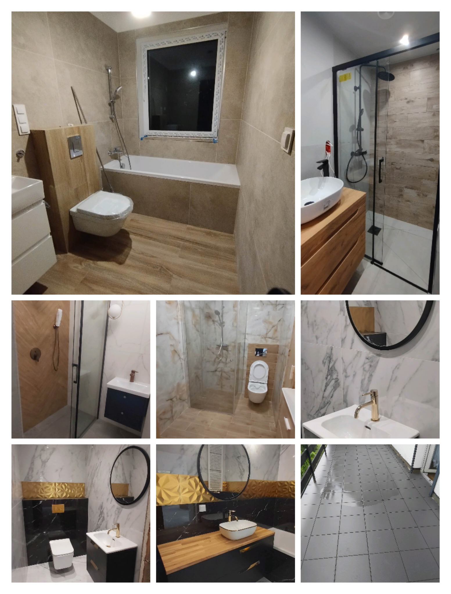 Kafelkowana łazienka z wanną, kabiną prysznicową, umywalką i toaletą w różnych stylach i kolorach, prezentująca wykończenie po remoncie.