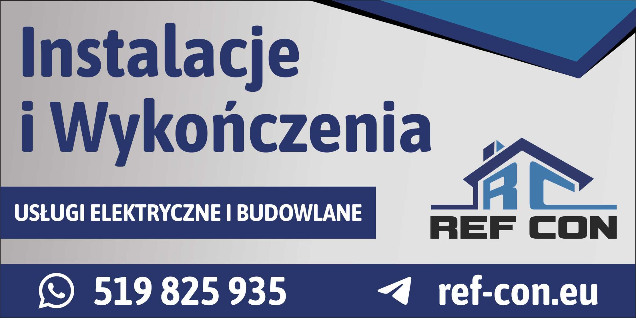 Baner reklamowy firmy REF CON oferującej instalacje i wykończenia, usługi elektryczne i budowlane. Kontakt telefoniczny i adres strony internetowej.