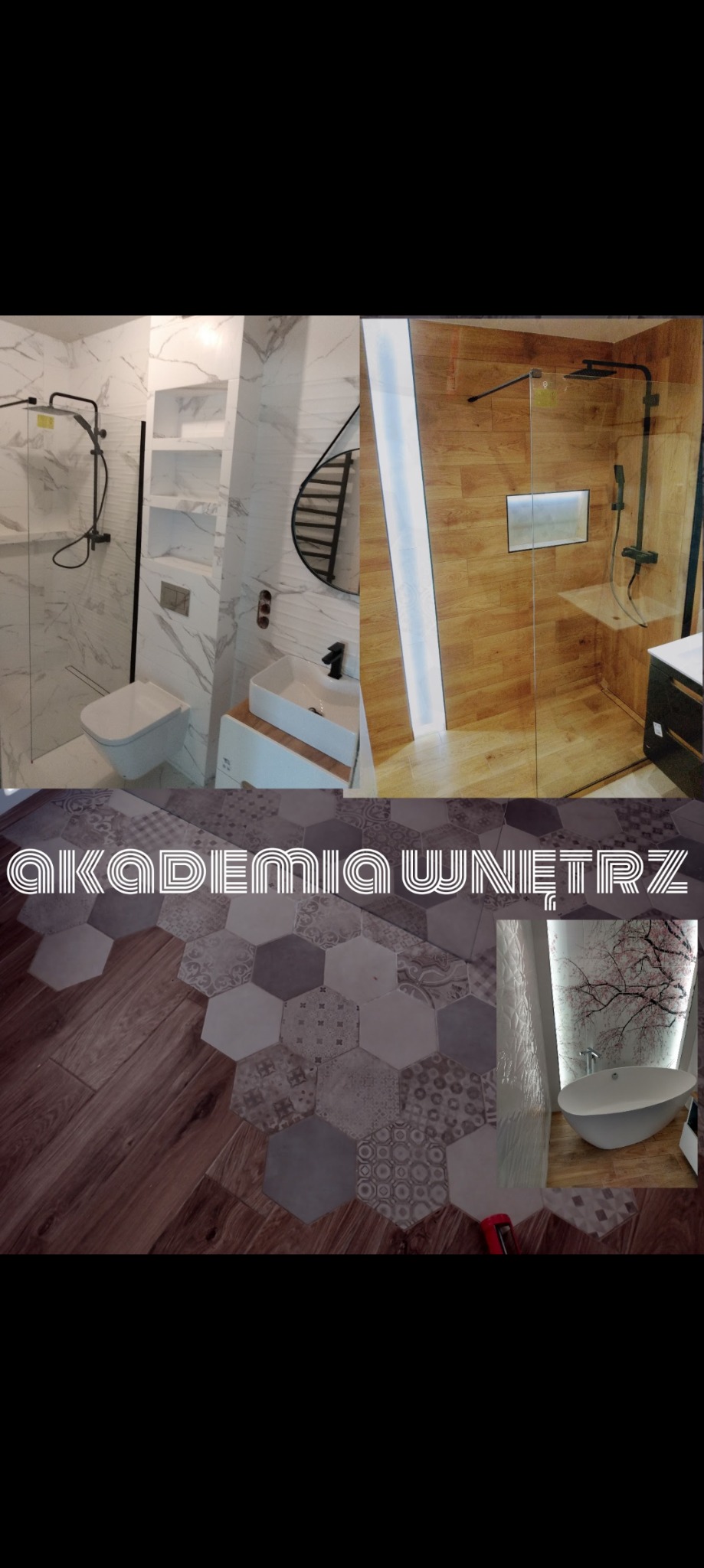 Kolaż z aranżacji łazienek: kabina prysznicowa z drewnopodobnymi płytkami, biała umywalka nablatowa, toaleta podwieszana, sześciokątne płytki podłogowe w odcieniach szarości i brązu, wanna...