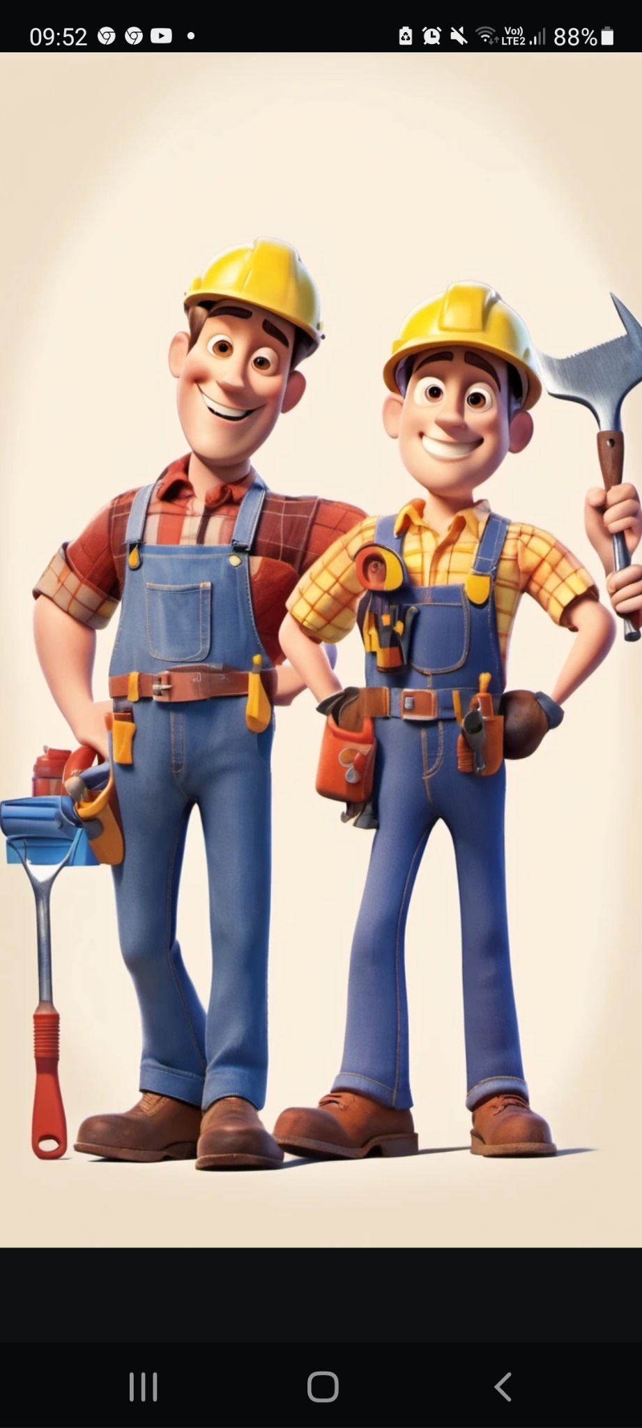 Karykaturalni robotnicy budowlani w kaskach i kombinezonach, z narzędziami, uśmiechnięci, na jasnym tle.