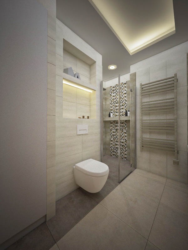 Wizualizacja łazienki z kabiną prysznicową, podwieszaną toaletą, grzejnikiem drabinkowym i wnęką z oświetleniem LED.