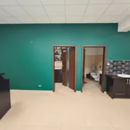 Ściana pomalowana na intensywny zielony kolor w pomieszczeniu z dwiema otwartymi drzwiami prowadzącymi do łazienek, widoczna umywalka z szafką i toalety w tle.