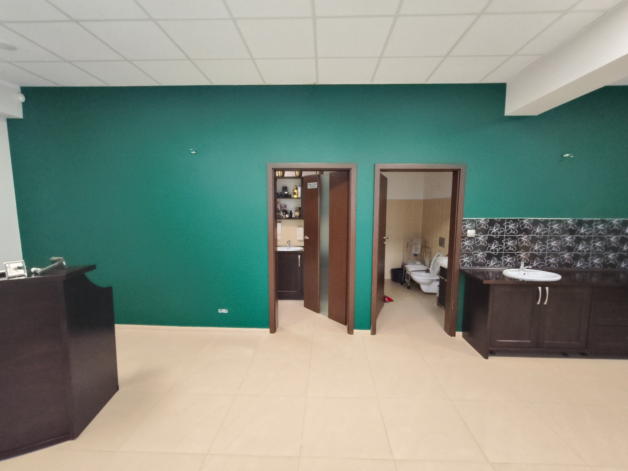 Ściana pomalowana na intensywny zielony kolor w pomieszczeniu z dwiema otwartymi drzwiami prowadzącymi do łazienek, widoczna umywalka z szafką i toalety w tle.