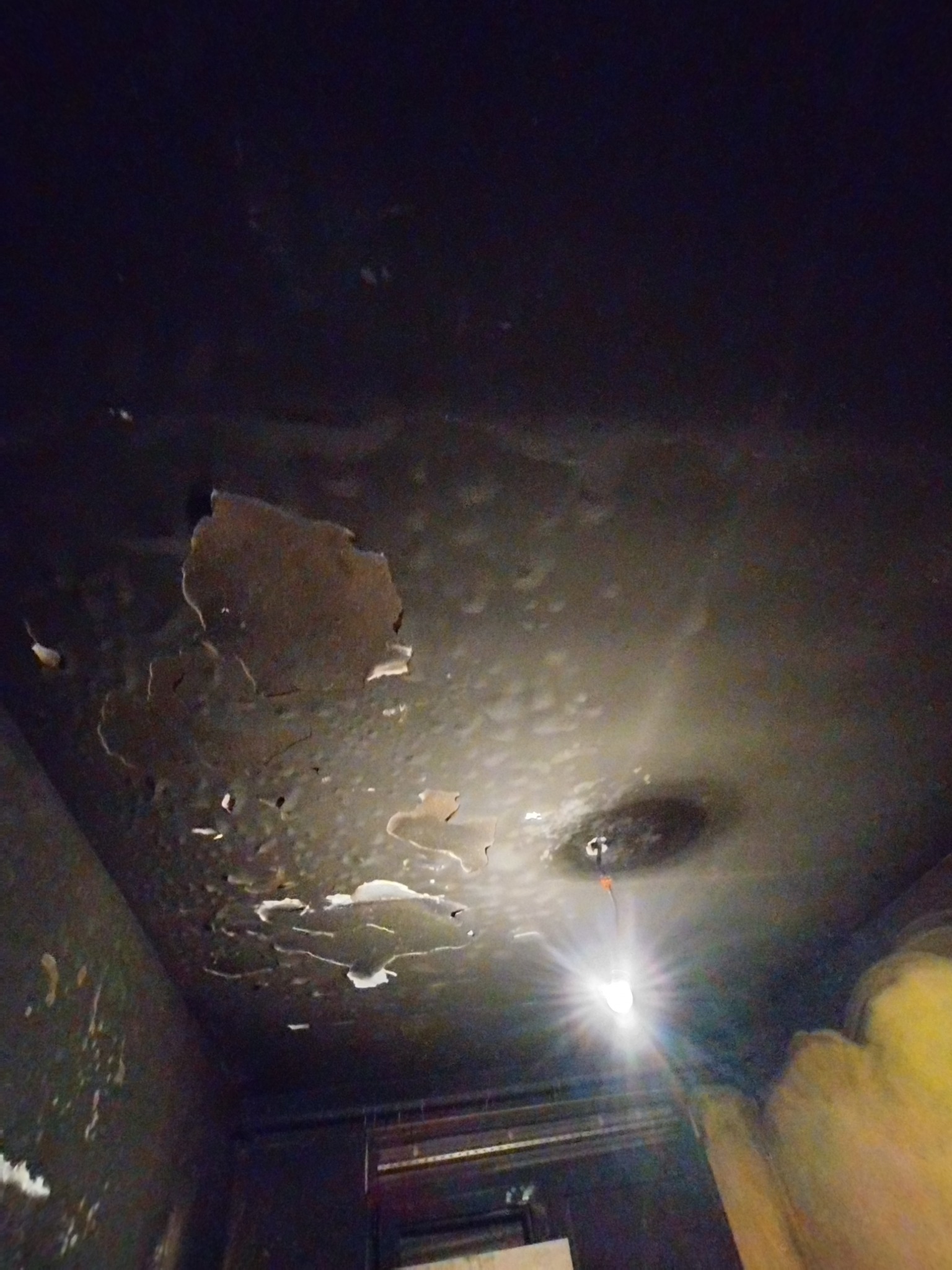 Zniszczony sufit z odpadającą farbą i widocznym punktem oświetleniowym w słabym oświetleniu.