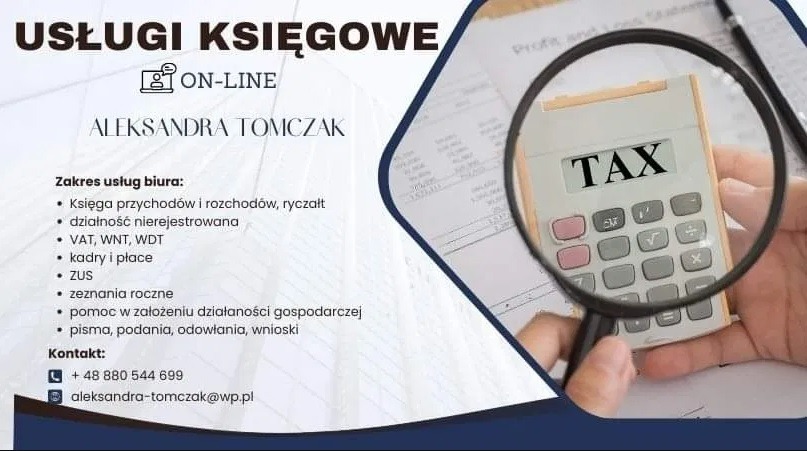 Reklama usług biura rachunkowego online z kalkulatorem z napisem TAX powiększanym przez lupę i listą oferowanych usług.