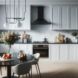 Jasna, minimalistyczna kuchnia z białymi szafkami, czarnym okapem i blatem. Okrągły, czarny stół z owocami i kwiatami w wazonie. Na blacie kuchennym deski do krojenia i przybory kuchenne. Na płycie...