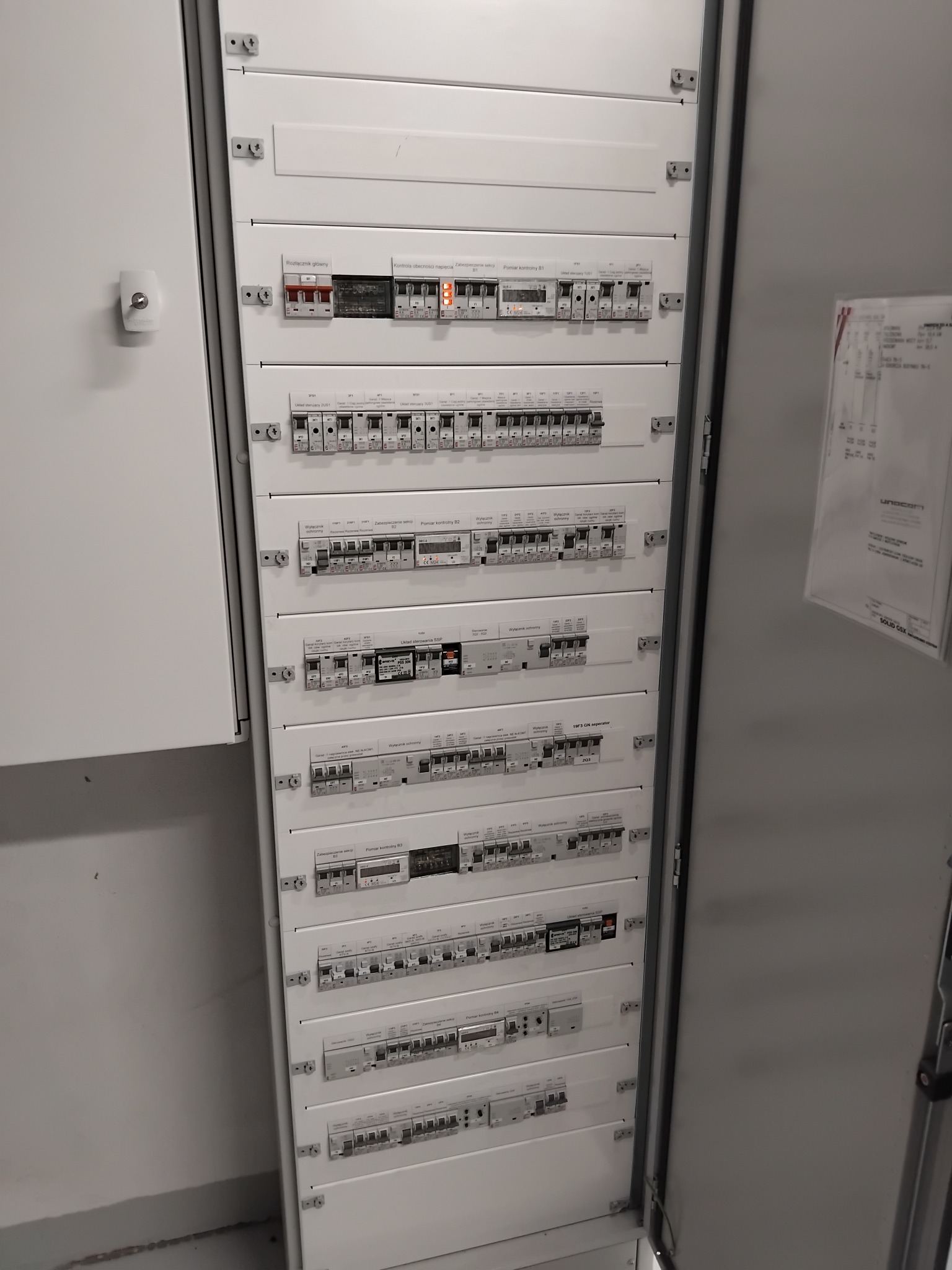 Rozdzielnica elektryczna z bezpiecznikami i wyłącznikami, widok z bliska na białą szafę sterowniczą z zainstalowanymi modułami. Widoczne opisy i etykiety na urządzeniach.