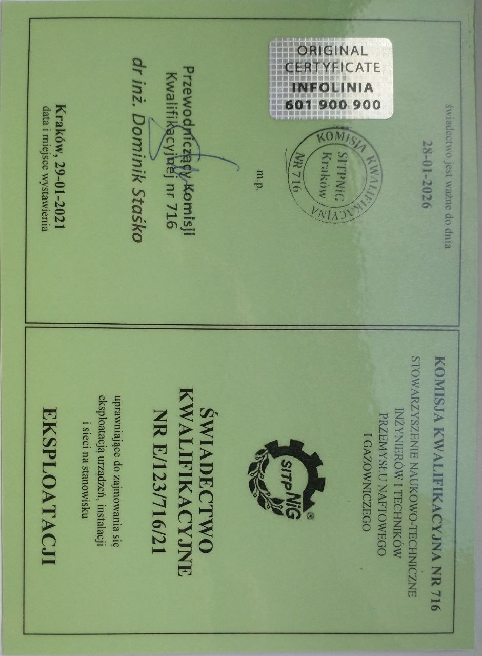 Świadectwo kwalifikacyjne nr E/123/716/21, uprawniające do eksploatacji urządzeń, instalacji i sieci na stanowisku. Dokument wydany w Krakowie, 29-01-2021.