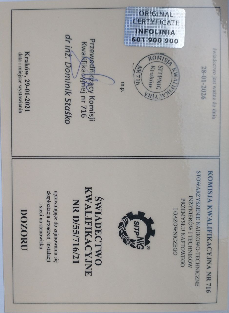 Skan świadectwa kwalifikacyjnego nr 716 uprawniającego do eksploatacji urządzeń, instalacji i sieci na stanowisku dozoru, wystawionego w Krakowie 29.01.2021.