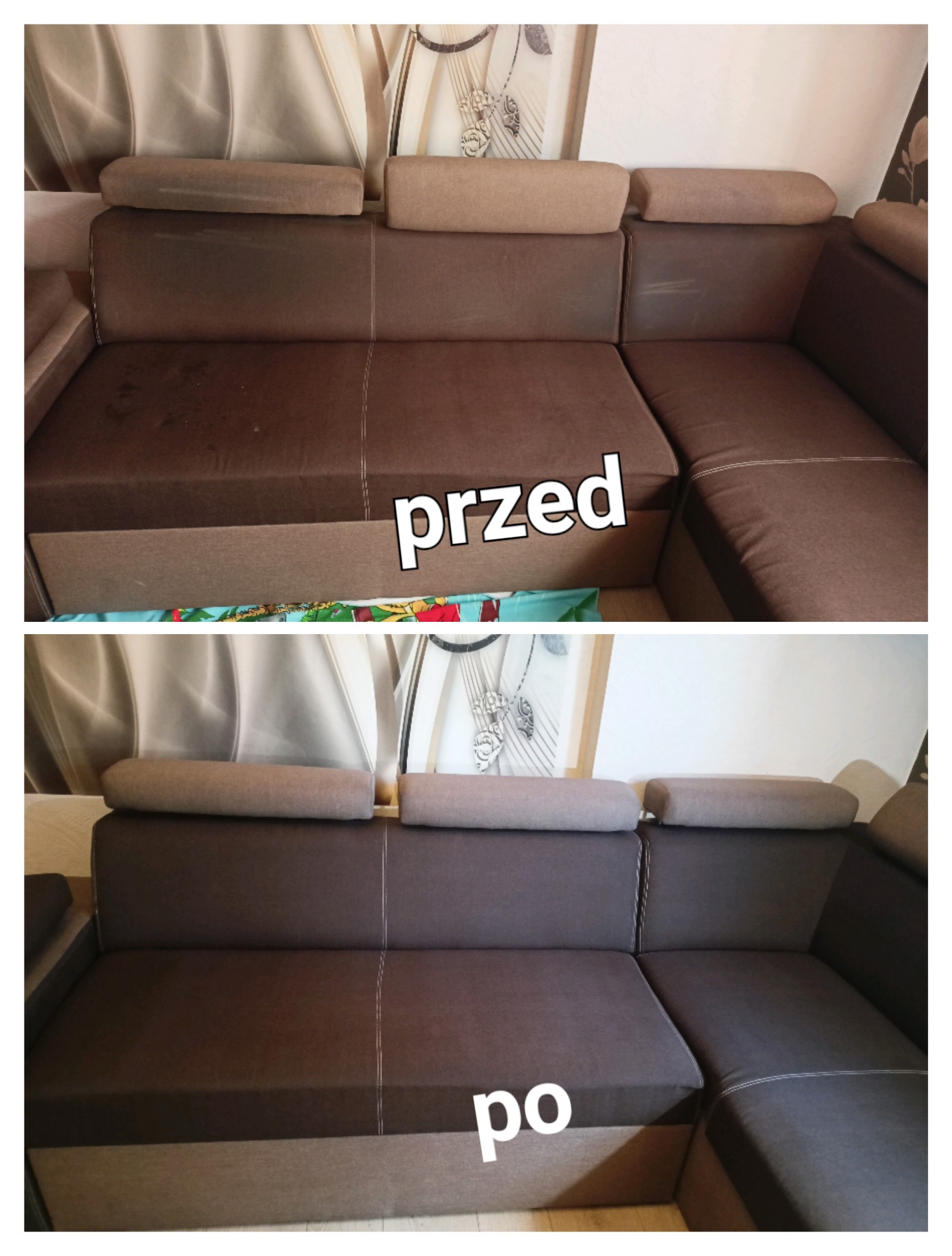 Dwuobraz porównujący stan sofy narożnej przed i po czyszczeniu. Górny obraz ukazuje sofę z widocznymi plamami i zabrudzeniami na brązowej tapicerce, dolny obraz prezentuje sofę po zabiegu, z czystą...