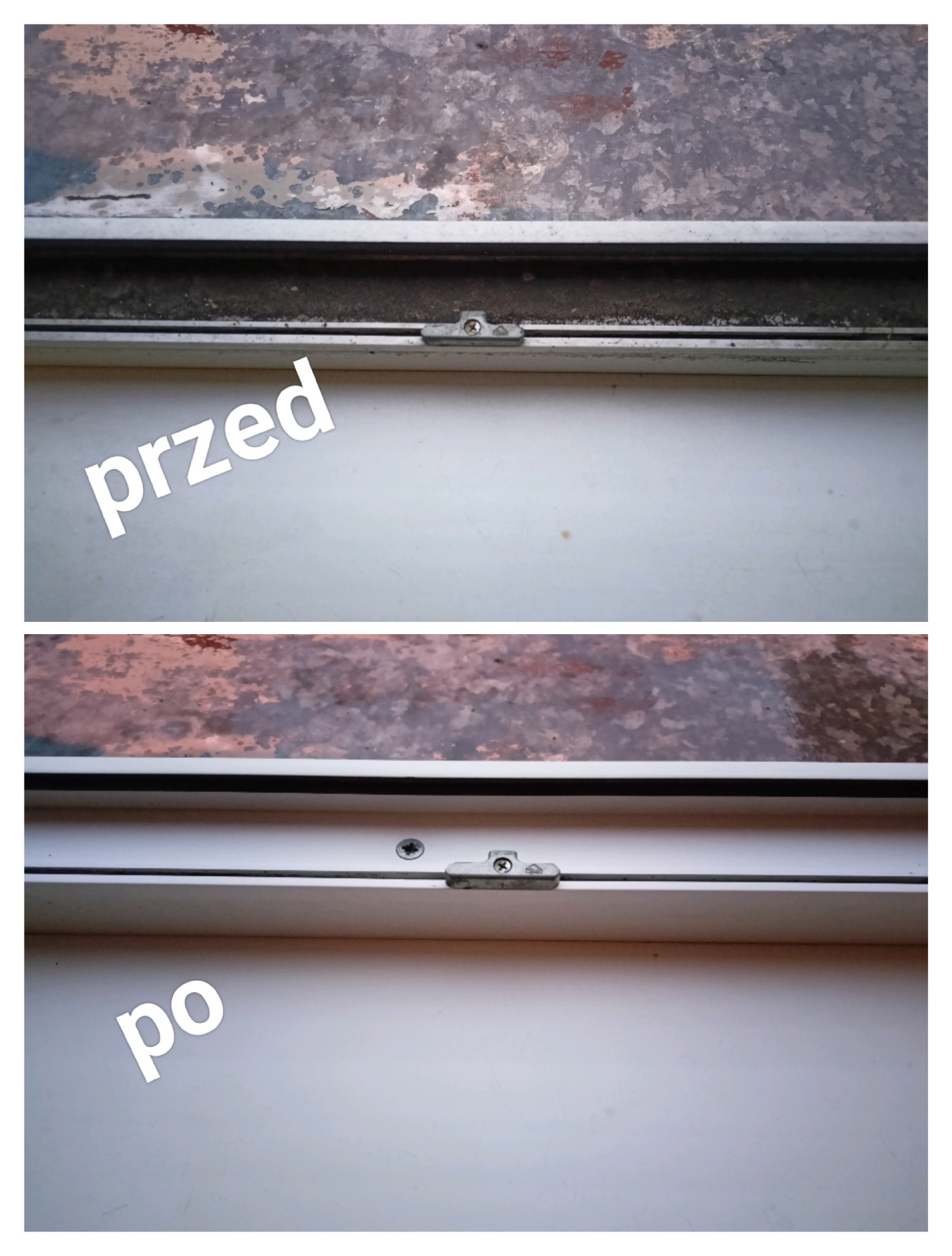 Porównanie stanu ramy okiennej przed i po czyszczeniu, widoczne usunięcie zabrudzeń i kurzu.