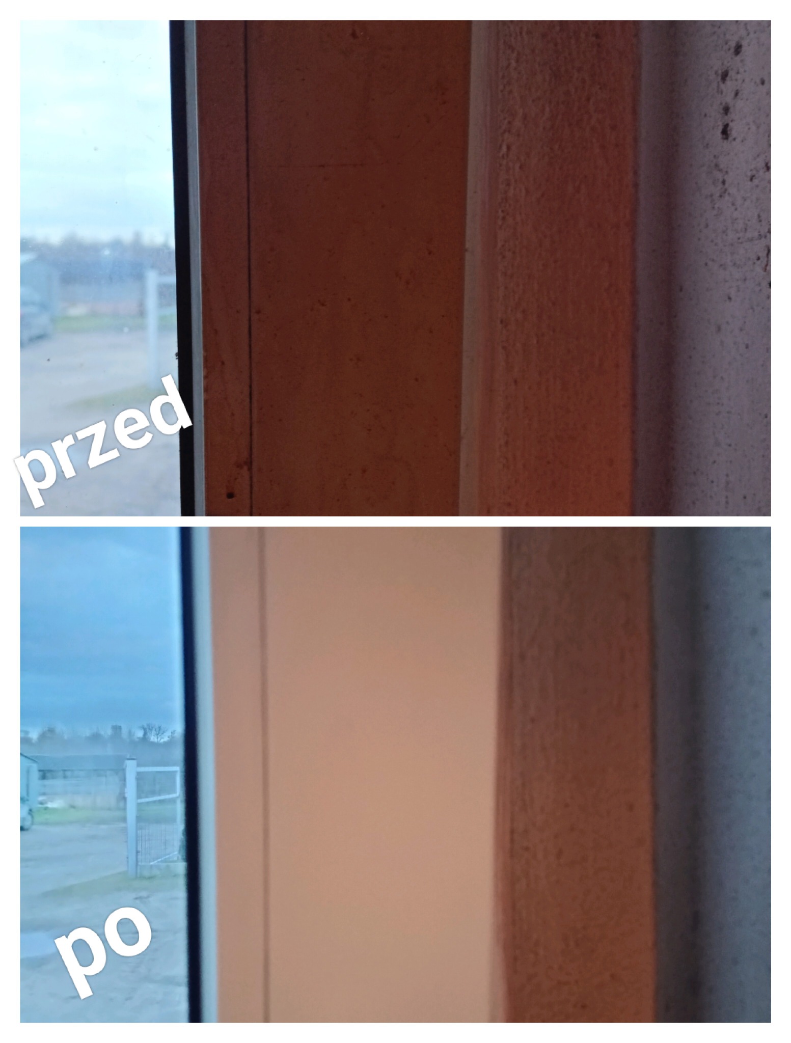 Okno z ramą przed i po czyszczeniu, widoczne różnice w zabrudzeniach i przejrzystości szyby.