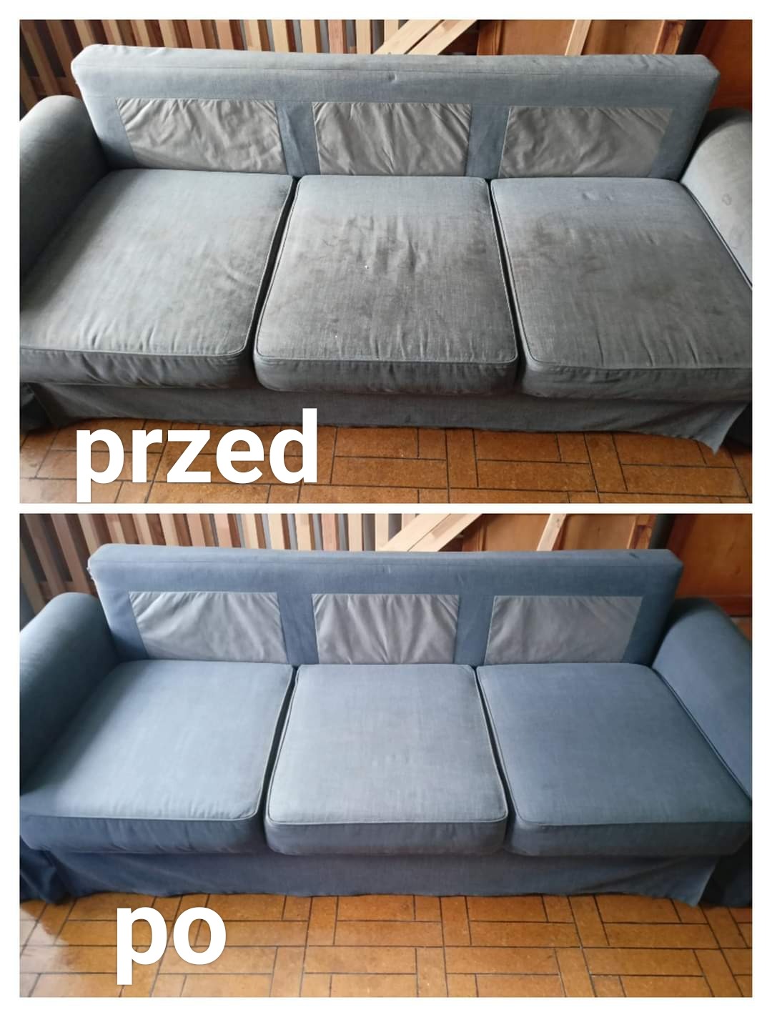 Sofa w Poznaniu przed i po czyszczeniu tapicerki, widoczne wyraźne różnice w czystości materiału.