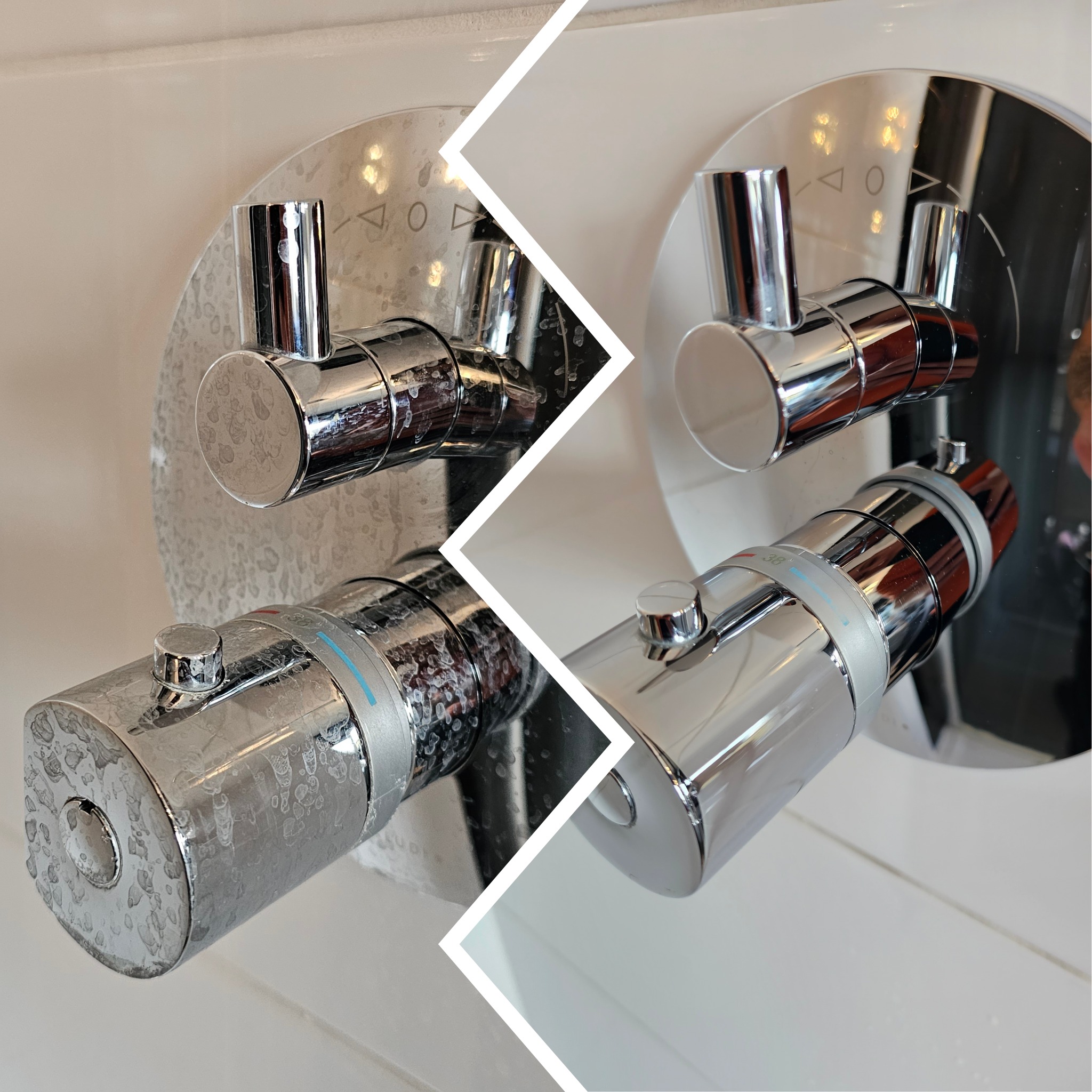 Porównanie baterii łazienkowej przed i po czyszczeniu, widoczne osady kamienia usunięte z chromowanej powierzchni.