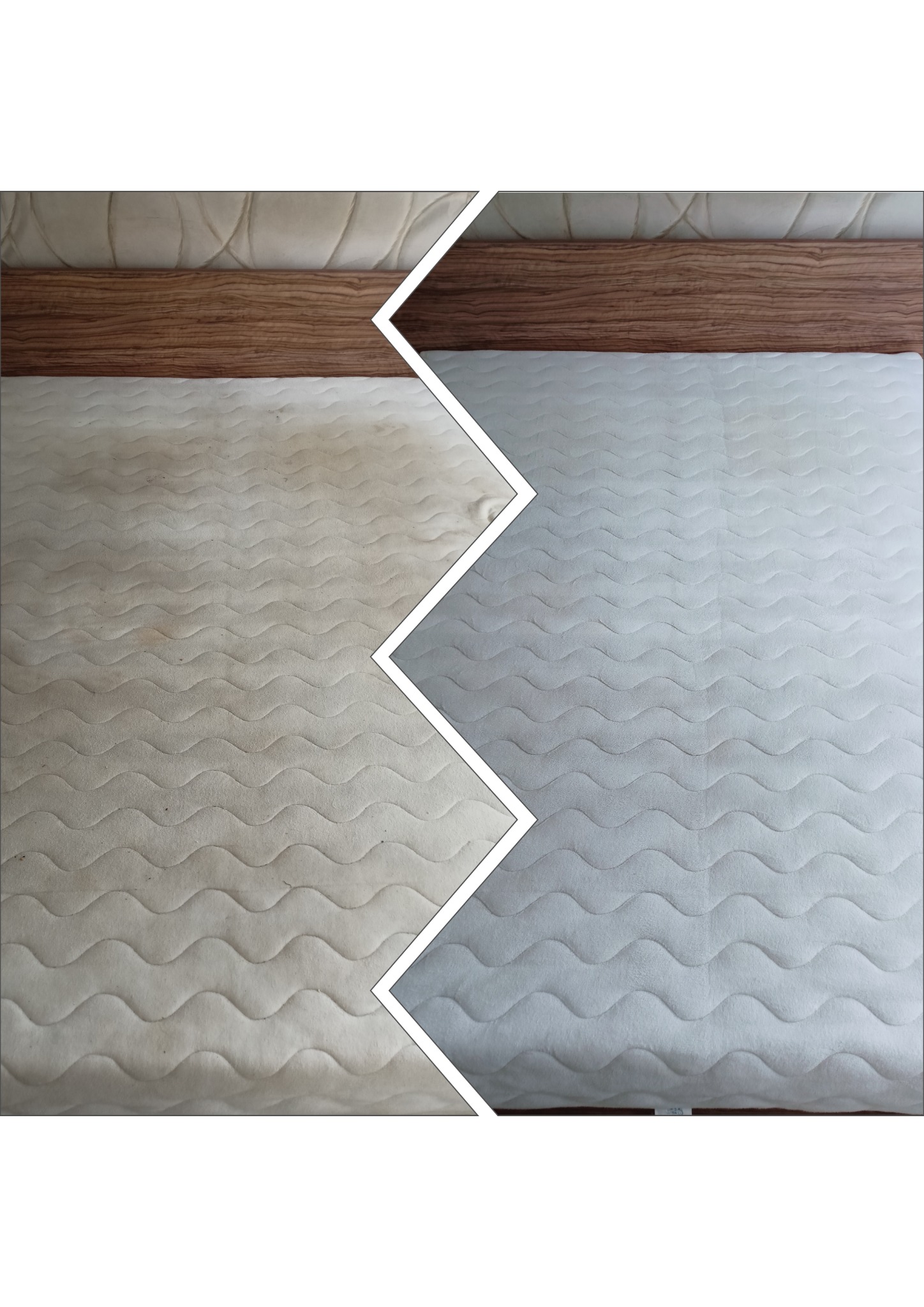 Materac z widoczną różnicą przed i po czyszczeniu: połowa pokryta plamami i zabrudzeniami, druga połowa świeżo wyczyszczona, ukazująca jednolitą, jasną barwę.