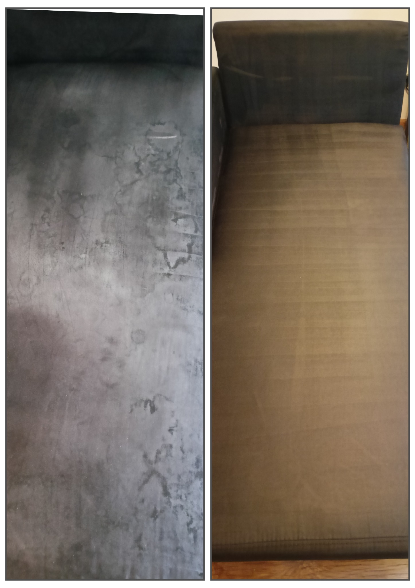 Porównanie fotela: lewa strona z widocznymi plamami i zabrudzeniami, prawa strona po usunięciu plam, ukazująca czystą tapicerkę.
