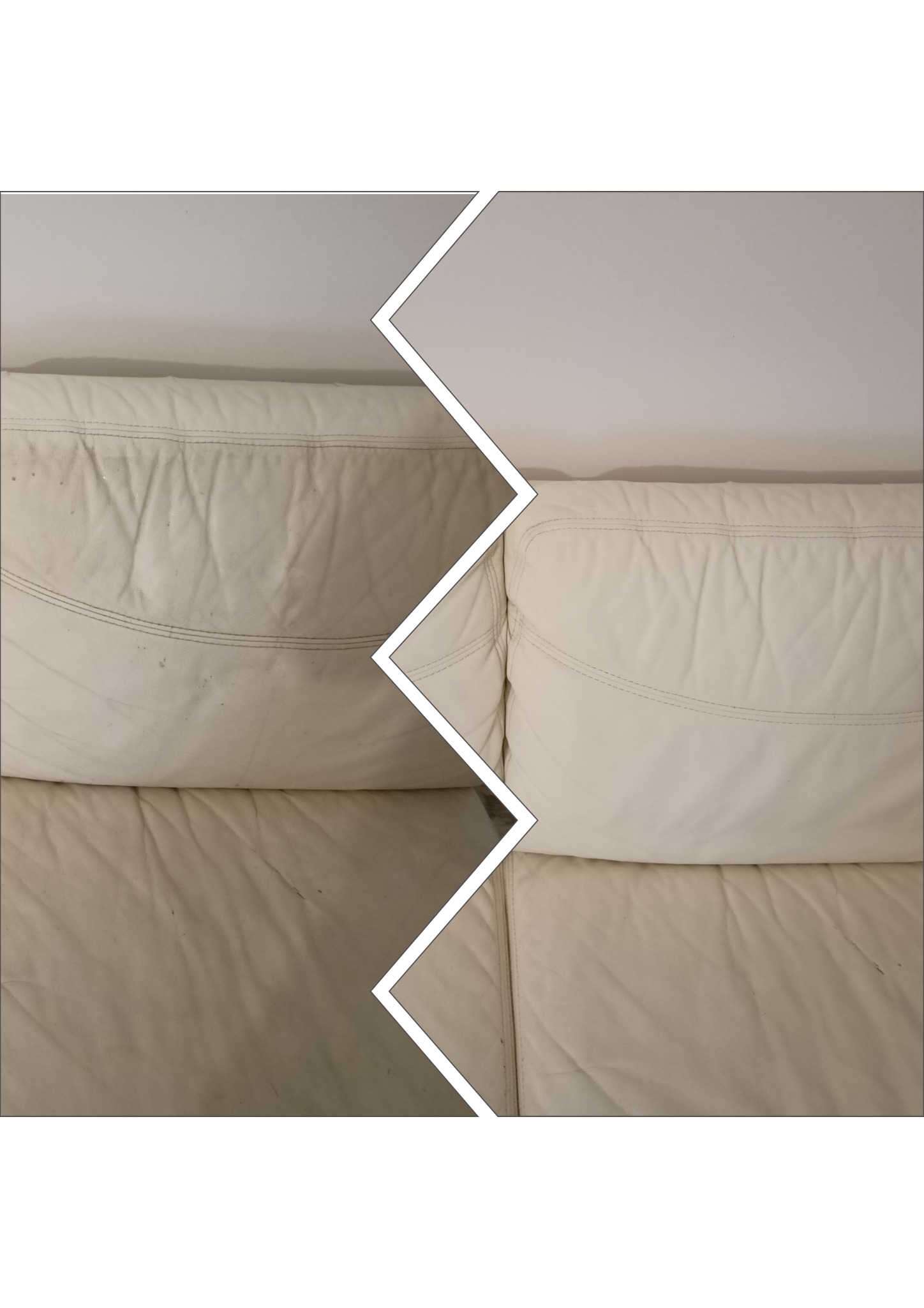 Kremowa sofa skórzana podzielona na dwie części: po lewej stronie widoczna zabrudzona powierzchnia, po prawej strona po czyszczeniu, ukazująca efekt odświeżenia.