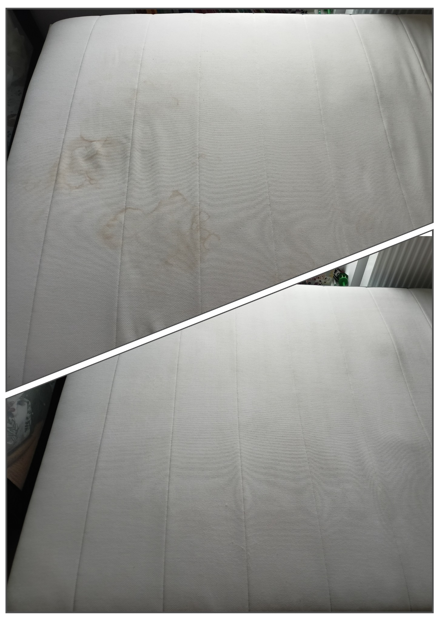 Porównanie: Biała tapicerka kanapy przed i po praniu, widoczne brązowe plamy usunięte