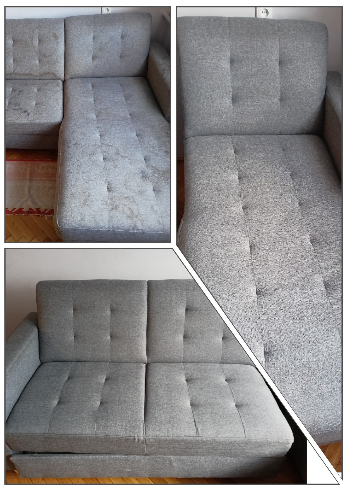 Montaż kolażu prezentujący szarą, tapicerowaną sofę narożną przed i po czyszczeniu. Widoczne plamy i zabrudzenia na fragmencie sofy przed czyszczeniem, oraz czysta tapicerka po zabiegu.