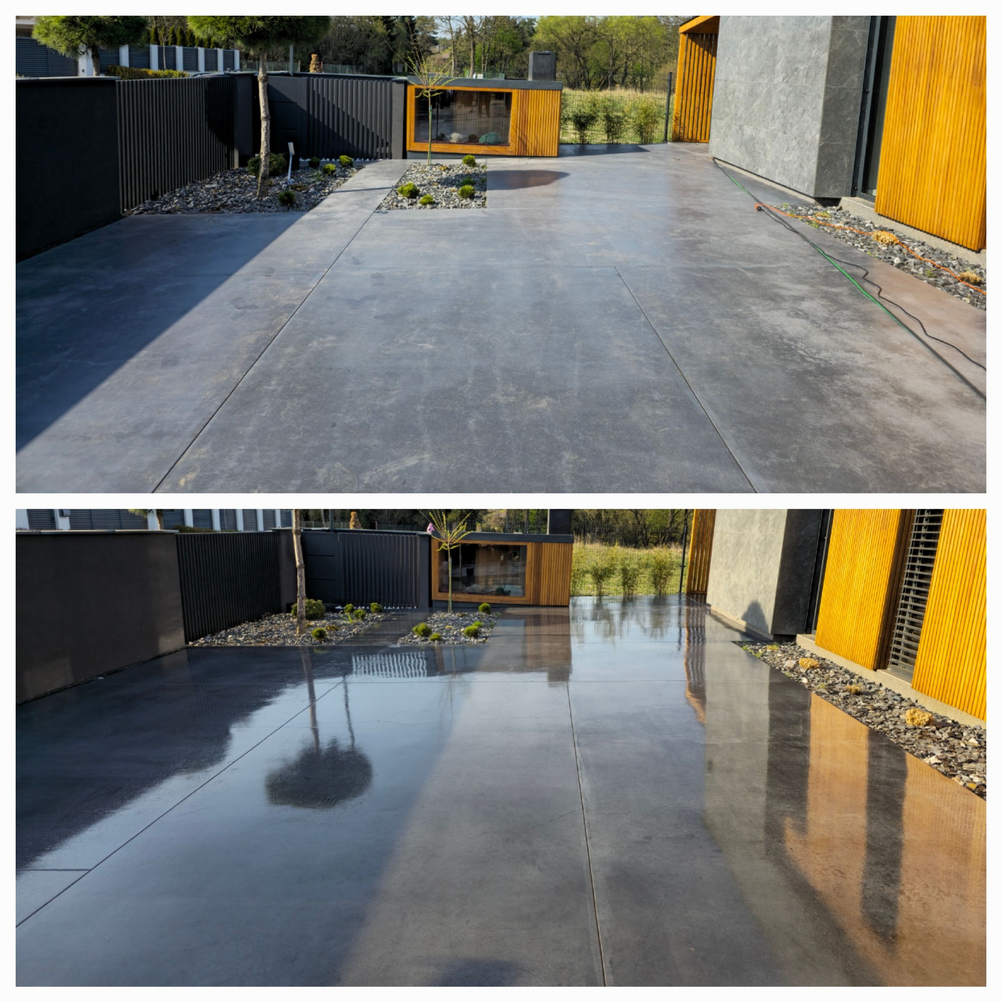 Dwa ujęcia betonowej posadzki zewnętrznej, przed i po umyciu, ukazujące różnicę w połysku i czystości powierzchni.