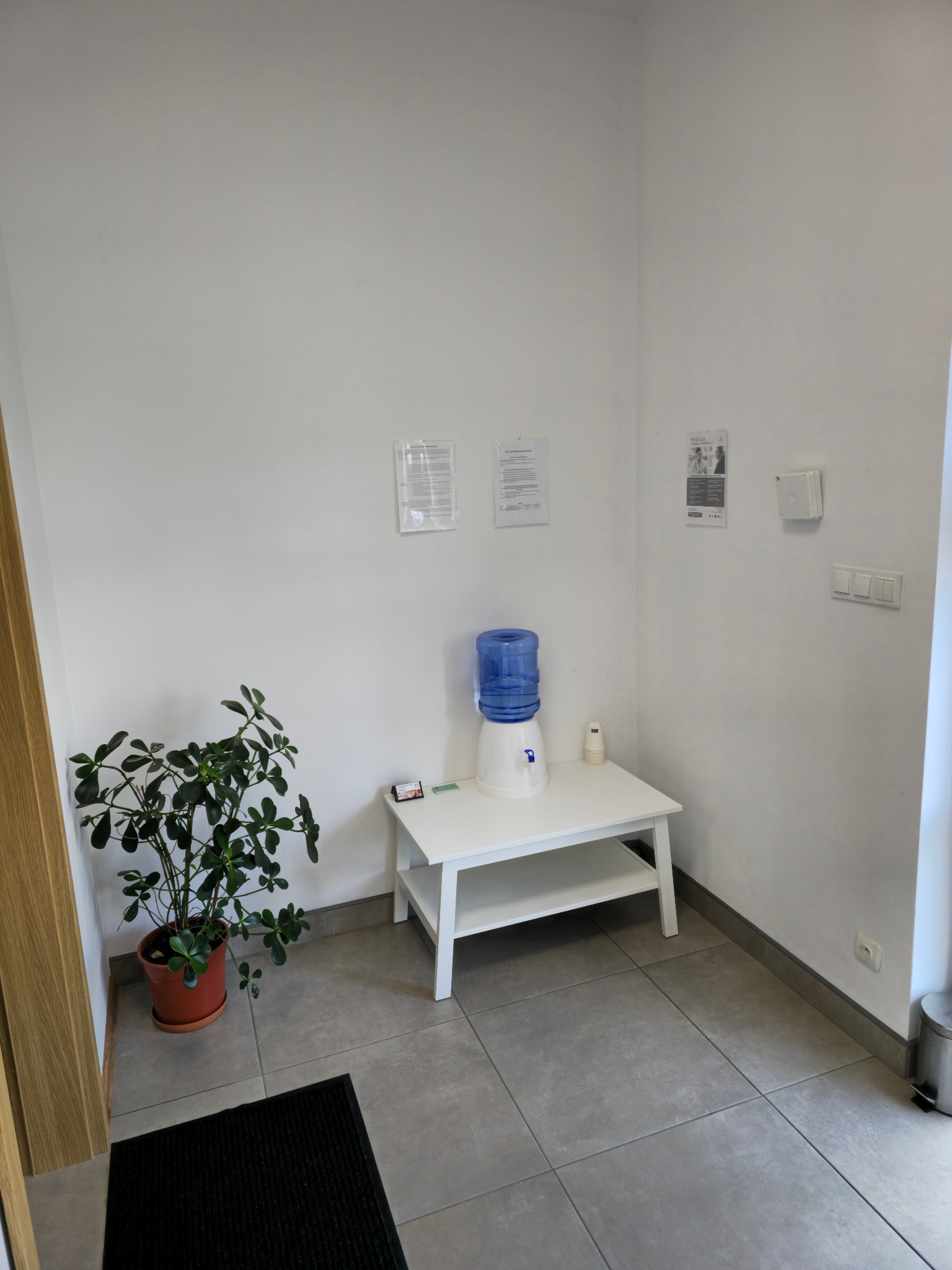 Poczekalnia: biały stolik z dystrybutorem wody, roślina doniczkowa, czarna wycieraczka, szare płytki podłogowe, białe ściany z ogłoszeniami i włącznikami światła.
