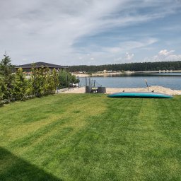 Green Garden Tomasz Szypulski - Zadbany trawnik z widokiem na jezioro, drzewa iglaste i deskę SUP na piasku.