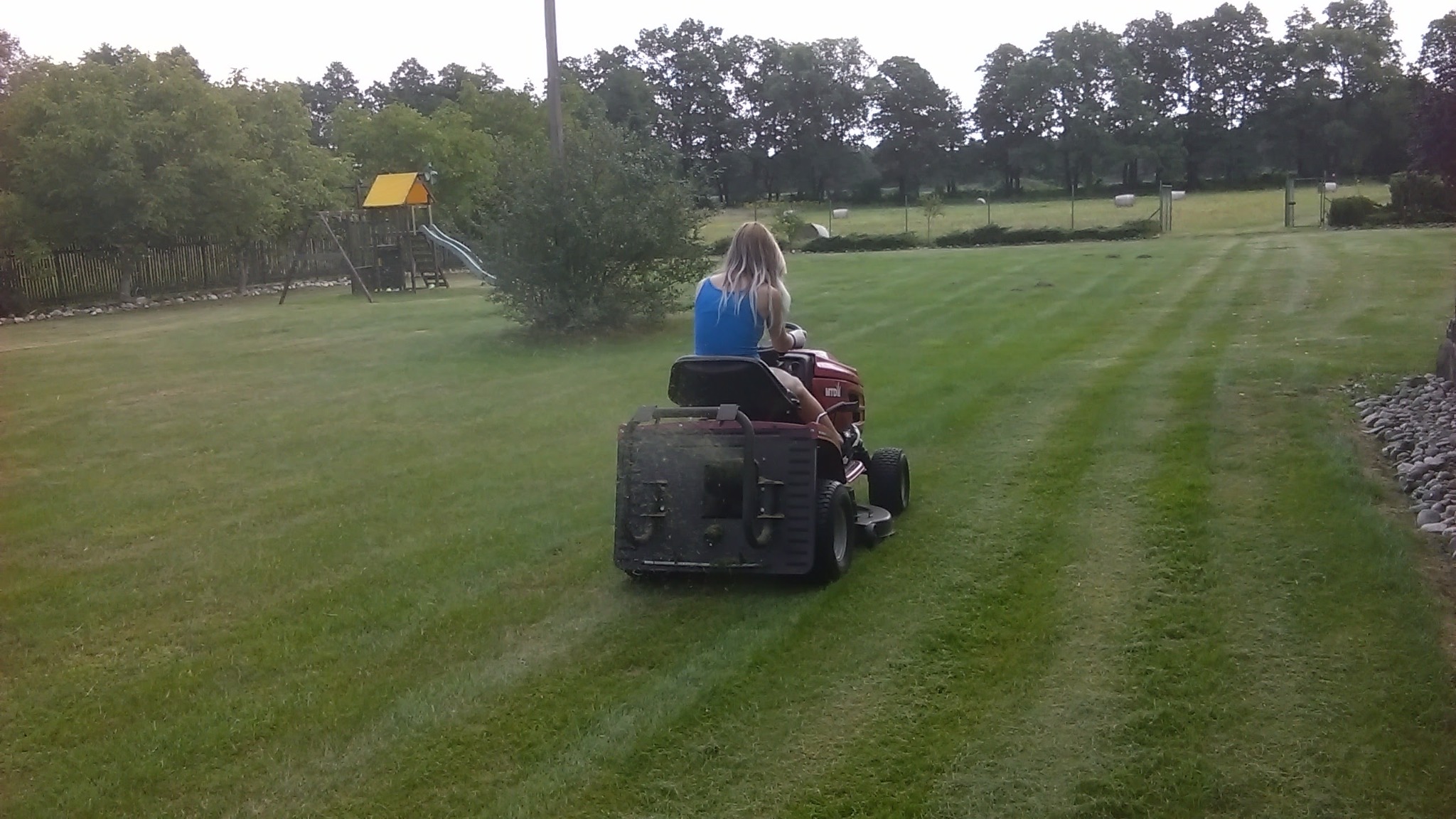 Kobieta kosi trawnik traktorkiem, widok z tyłu na równo przystrzyżoną trawę z pasami, plac zabaw w tle.