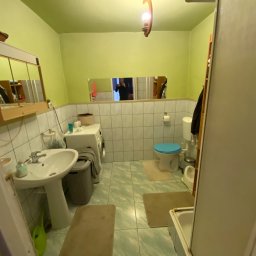 PerfectRenovations - Wnętrze łazienki z zielonymi ścianami i biało-zielonymi płytkami, widoczna umywalka na postumencie, pralka, toaleta z niebieską deską oraz lustro z odbijającą się osobą robiącą zdjęcie.