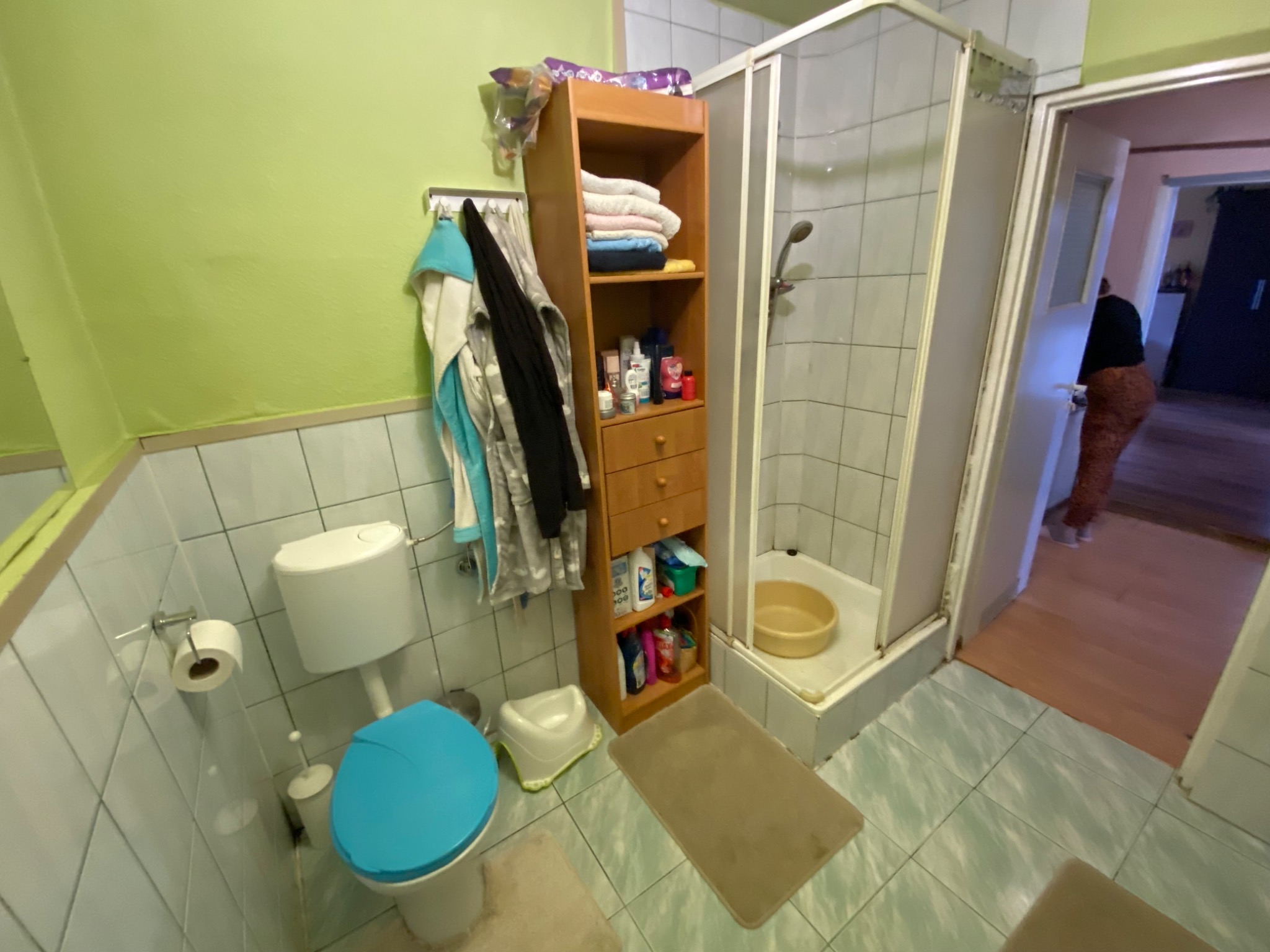 Łazienka z zieloną ścianą, biało-niebieską toaletą, drewnianym regałem, kabiną prysznicową i osobą w tle w drzwiach.