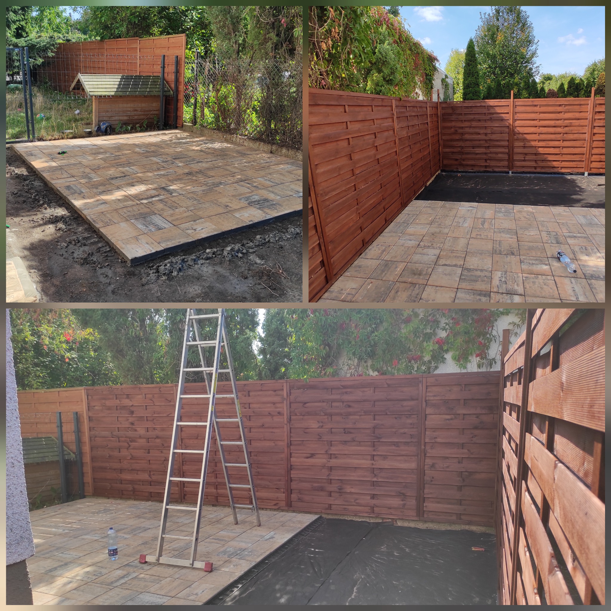 Układanie kostki brukowej na patio w ogrodzie, widoczny fragment podłoża z czarną geowłókniną, drewniany płot w tle i metalowa drabina oparta o płot.