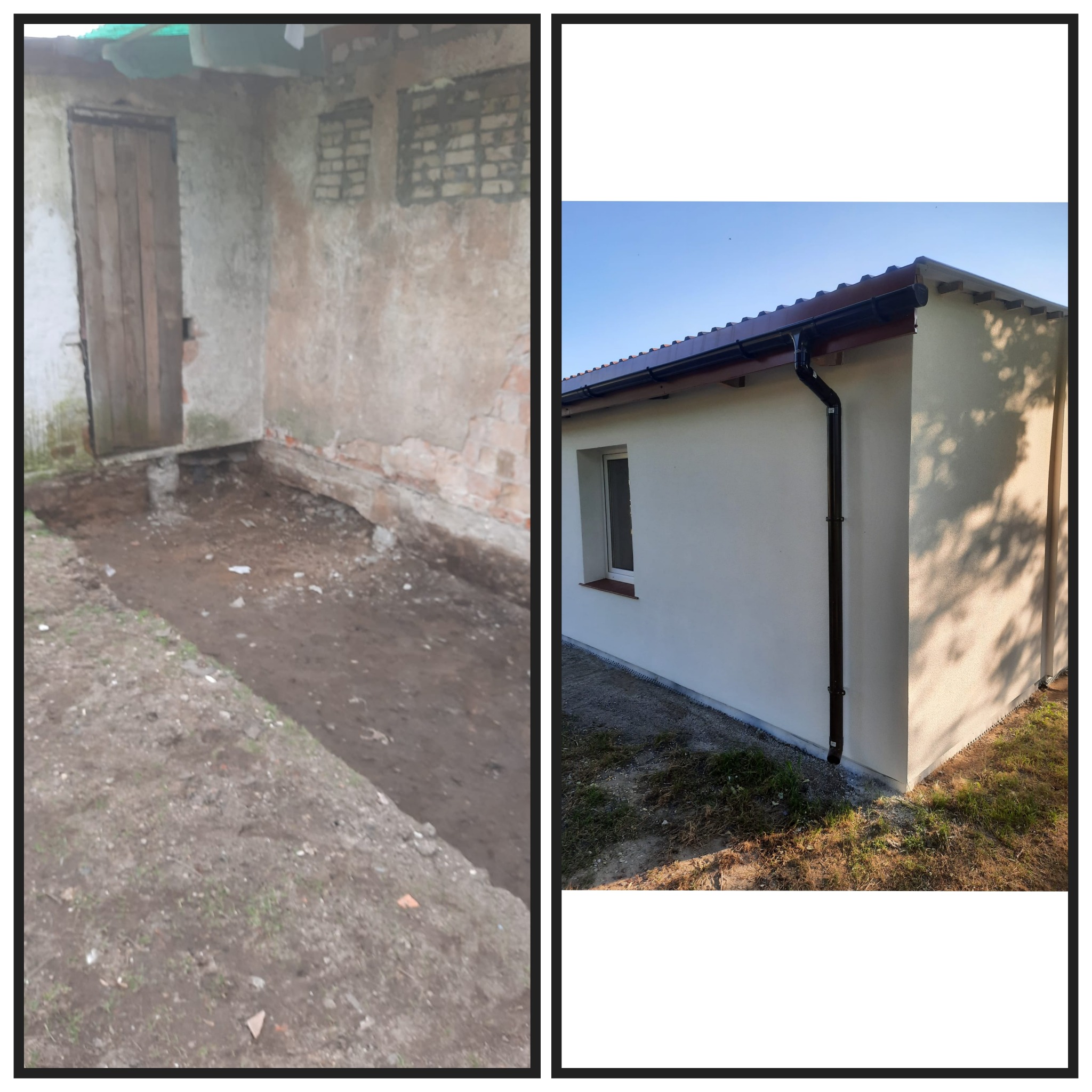 Porównanie stanu budynku przed i po remoncie elewacji: od surowych cegieł i nierówności do gładkiej, jasnej fasady z nową rynną i oknem.