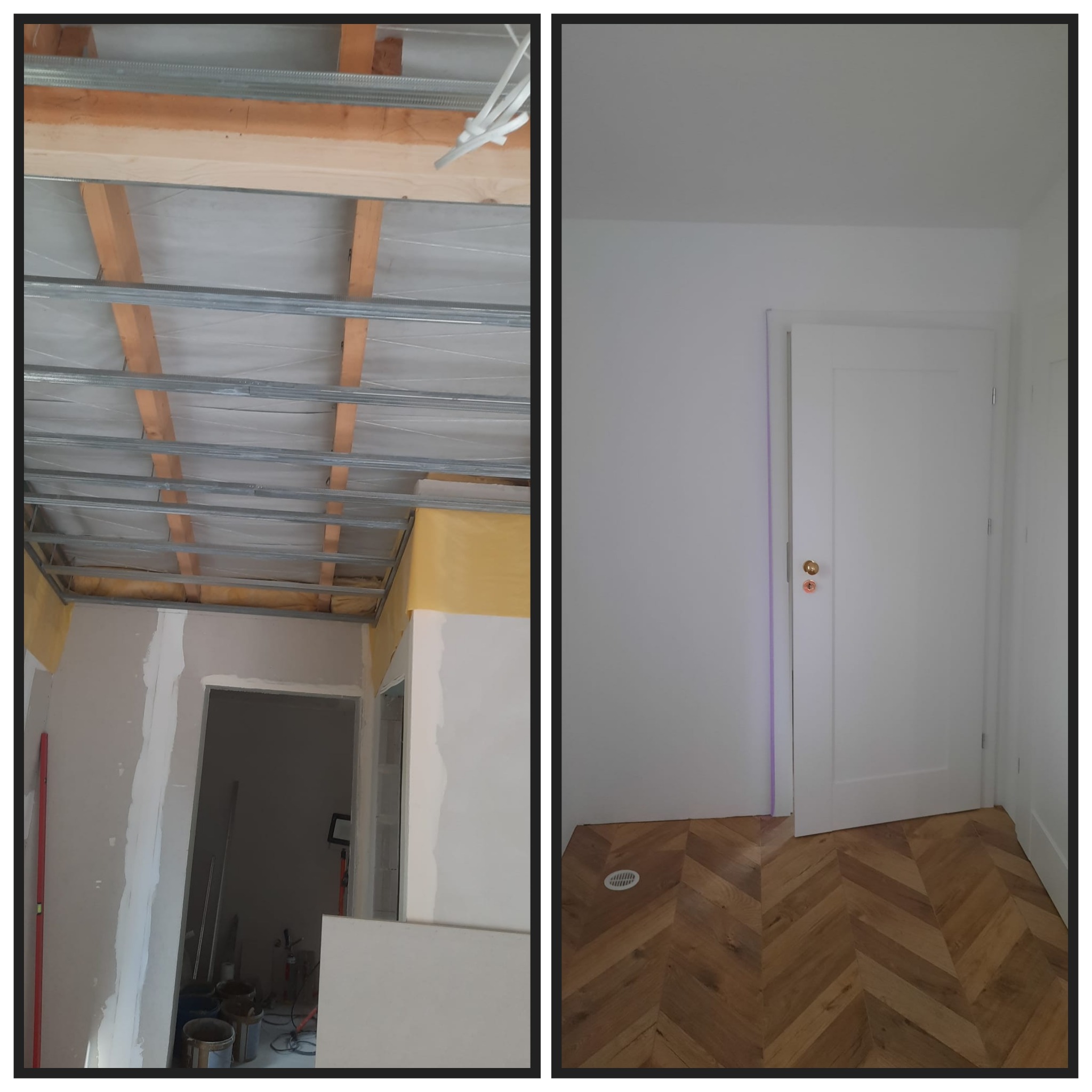 Dwuczęściowe zdjęcie: po lewej sufit z metalową konstrukcją podwieszaną i częściowo wykończone ściany, po prawej białe drzwi wewnętrzne z klamką na parkiecie w jodełkę.