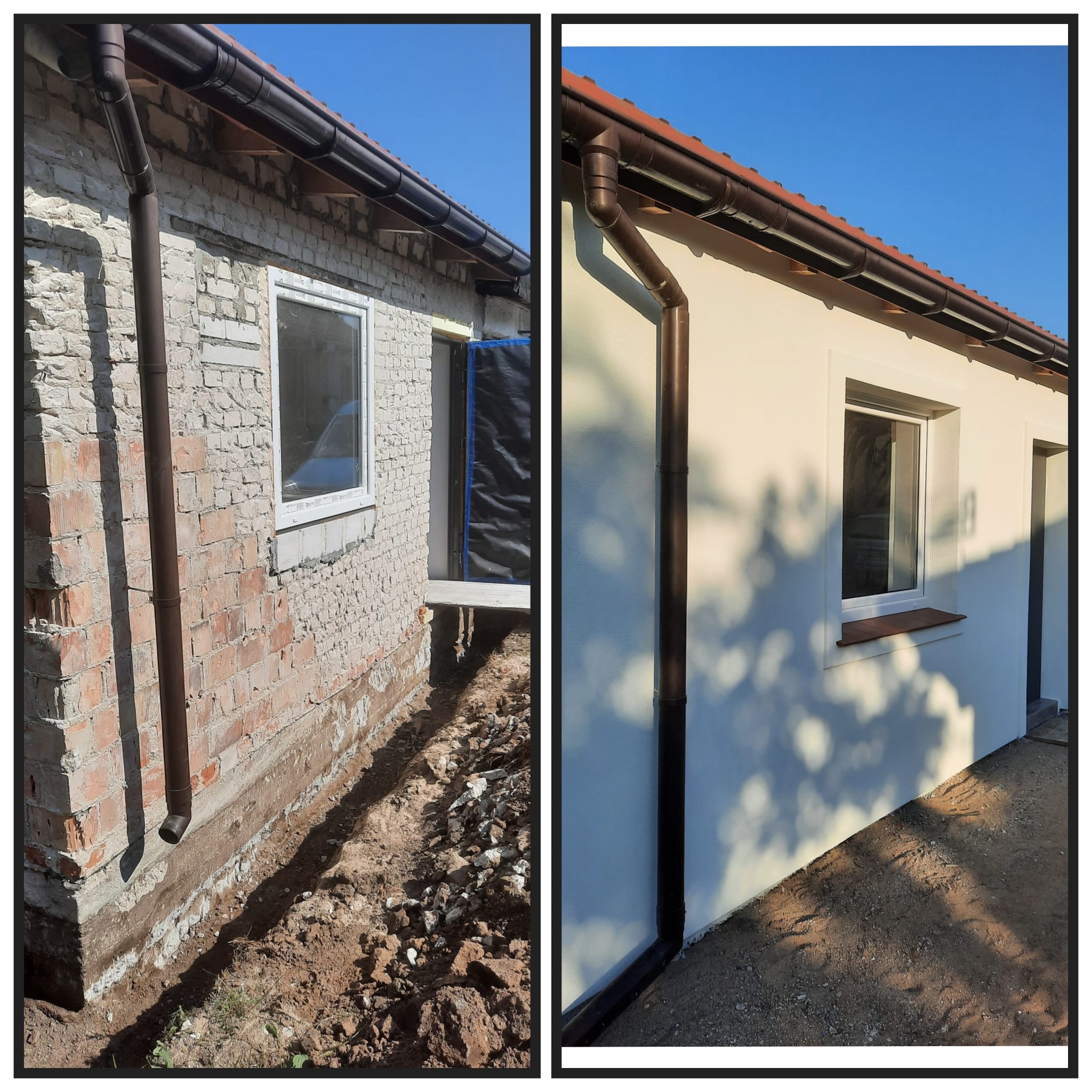 Porównanie budynku przed i po ociepleniu i położeniu tynku: surowa cegła kontra biała, gładka elewacja z brązowym orynnowaniem i parapetem.